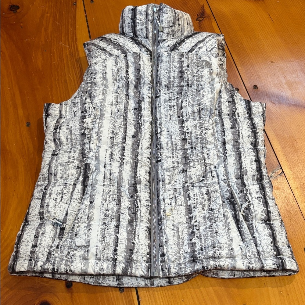 NORTH FACE S Birch Print 700 Goose Down Fill Puffer Vest Nuptse II Mock Neck